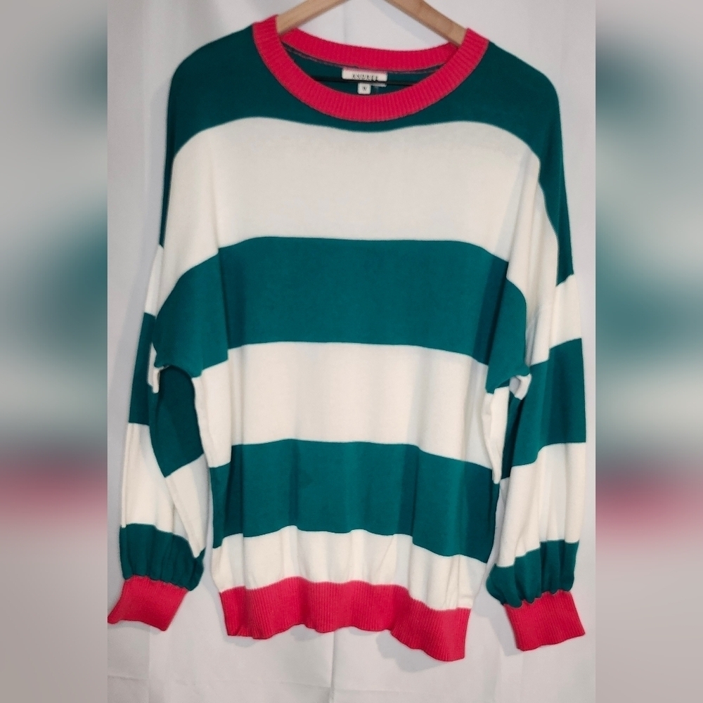 Andree By Unit Womens Teal Pink Striped Sweater Size 1X Coastal Prep Nautical